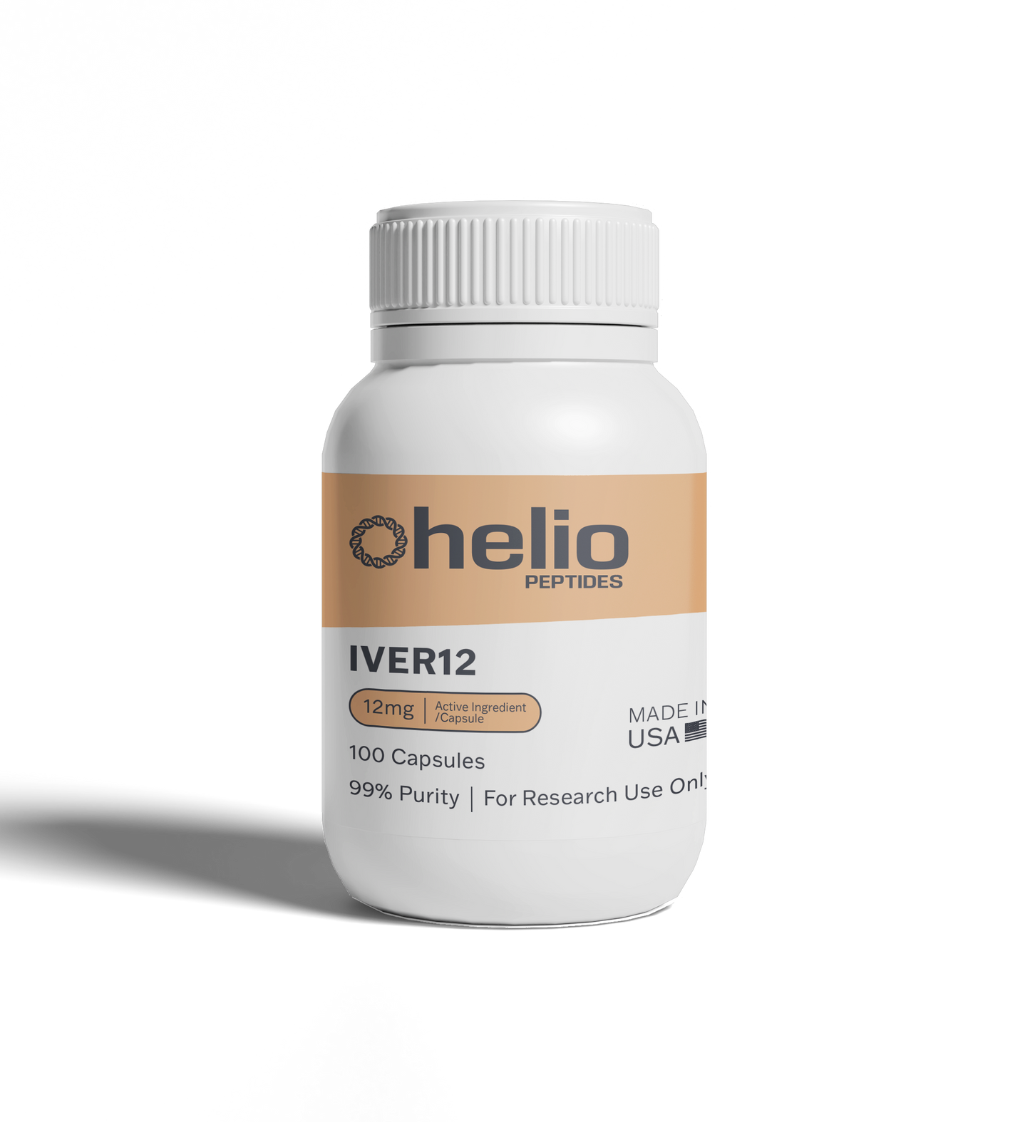 Helio Peptides IVER12 ivermectin 12 mg research reference bottle, 100 capsules